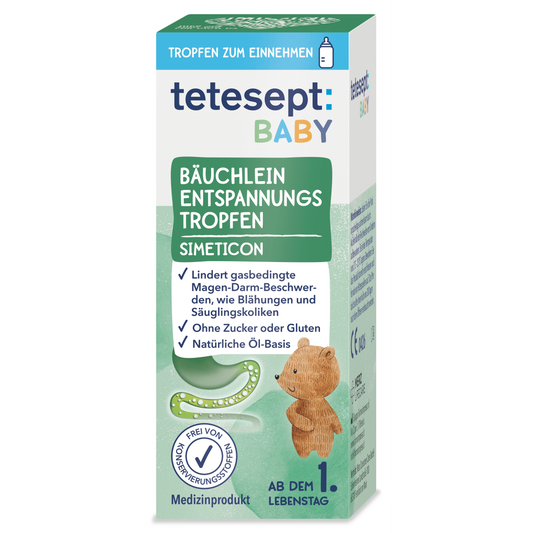 Die Vorderseite der Produktverpackung von tetesept Baby Bäuchlein Entspannungstropfen
