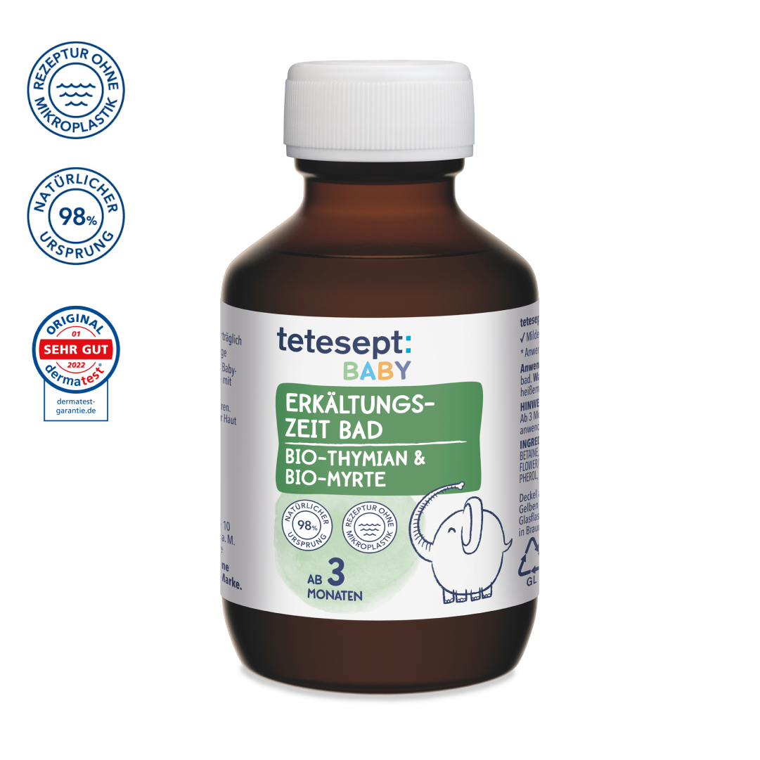 Man sieht die Vorderseite der Flasche des Produktes tetesept Baby Erkältungszeit Bad von tetesept. Bewährte Aroma-Pflege mit Bio-Thymian & Bio-Myrte. Entfaltet in warmem Wasser ihren befreienden Dufteffekt. Entspannend & durchwärmend sowie sehr gut hautverträglich.