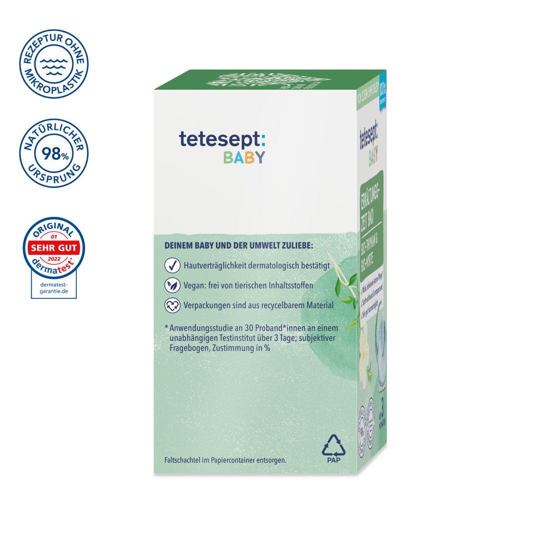 Man sieht die Seite der Verpackung des Produktes tetesept Baby Erkältungszeit Bad von tetesept. Bewährte Aroma-Pflege mit Bio-Thymian & Bio-Myrte. Entfaltet in warmem Wasser ihren befreienden Dufteffekt. Entspannend & durchwärmend sowie sehr gut hautverträglich.