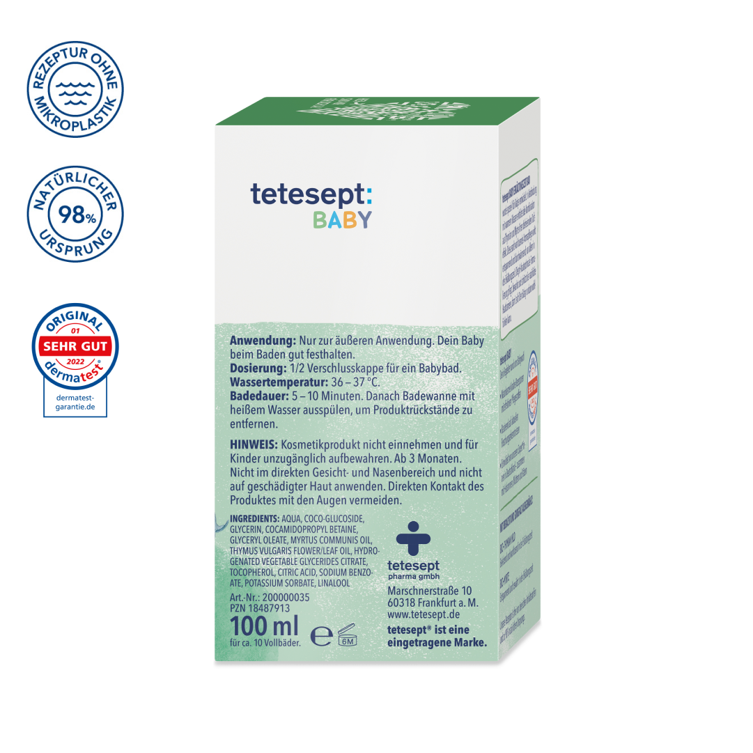 Man sieht die Seite der Verpackung des Produktes tetesept Baby Erkältungszeit Bad von tetesept. Bewährte Aroma-Pflege mit Bio-Thymian & Bio-Myrte. Entfaltet in warmem Wasser ihren befreienden Dufteffekt. Entspannend & durchwärmend sowie sehr gut hautverträglich.