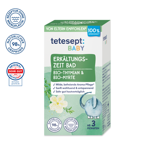 Man sieht die Vorderseite der Verpackung des Produktes tetesept Baby Erkältungszeit Bad von tetesept. Bewährte Aroma-Pflege mit Bio-Thymian & Bio-Myrte. Entfaltet in warmem Wasser ihren befreienden Dufteffekt.  Entspannend & durchwärmend sowie sehr gut hautverträglich.