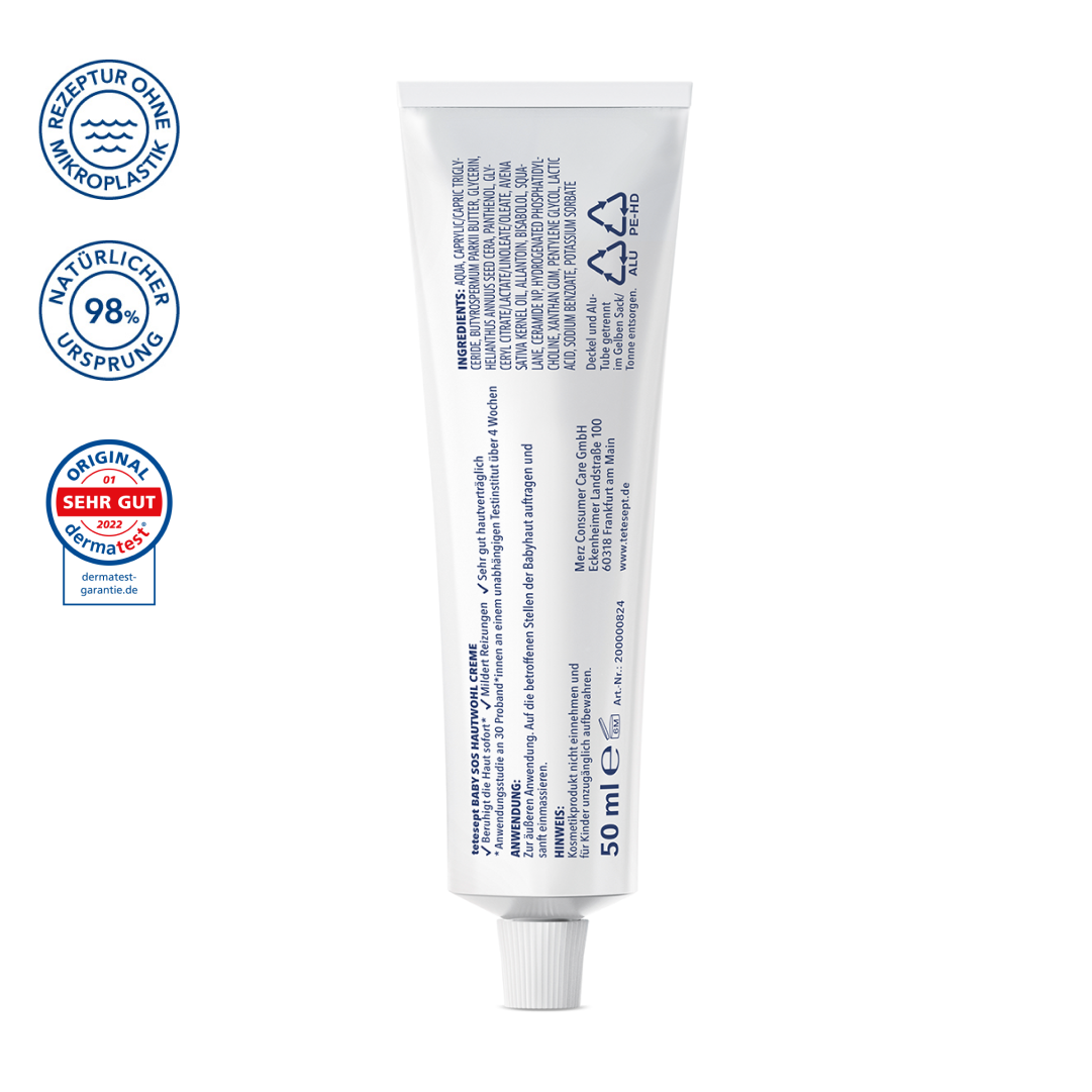 Man sieht die Rückseite des Produktes tetesept Baby SOS Hautwohl Creme von tetesept. Parfümfreie Creme mit Panthenol. Beruhigt gerötete, trockene Hautpartien und mildert Juckreiz.