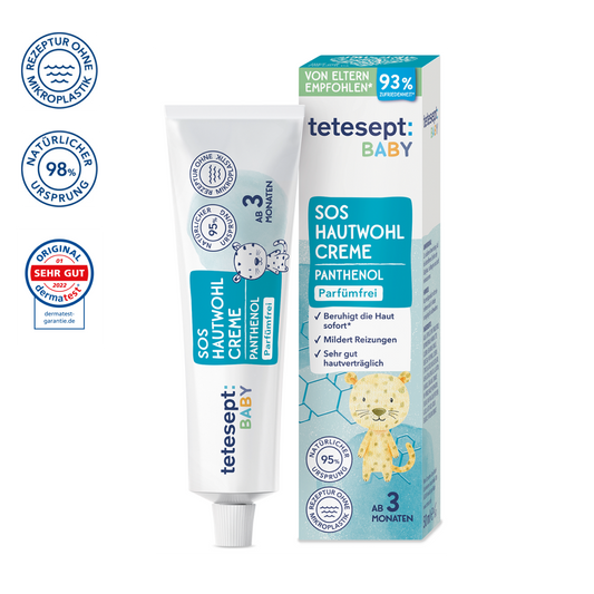 Man sieht die Tube und Verpackung des Produktes tetesept Baby SOS Hautwohl Creme von tetesept. Parfümfreie Creme mit Panthenol. Beruhigt gerötete, trockene Hautpartien und mildert Juckreiz.