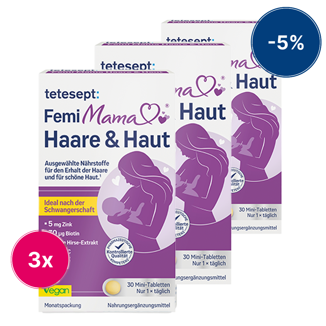 Man sieht die Vorderseite des Produktes Femi Mama® Haare & Haut von tetesept in einem 3er Pack. Zum Erhalt normaler Haare und Haut. Für stillende Mütter geeignet. Leicht schluckbare Mini-Tablette. Ideal nach der Schwangerschaft für den Erhalt kräftiger Haare und schöner Haut. Speziell ausgewählte Nährstoffe.