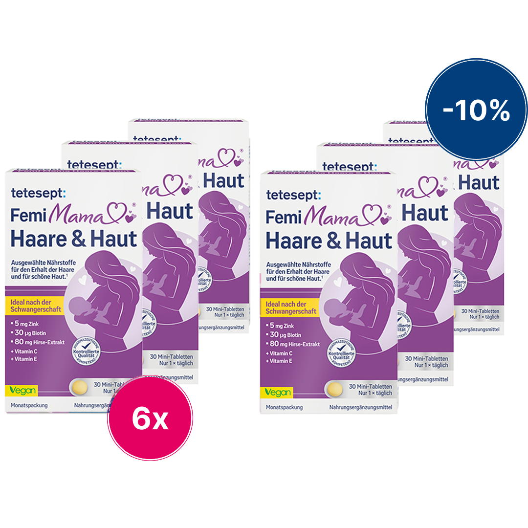 Man sieht die Vorderseite des Produktes Femi Mama® Haare & Haut von tetesept in einem 3er Pack. Zum Erhalt normaler Haare und Haut. Für stillende Mütter geeignet. Leicht schluckbare Mini-Tablette. Ideal nach der Schwangerschaft für den Erhalt kräftiger Haare und schöner Haut. Speziell ausgewählte Nährstoffe.