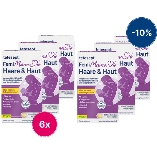 Man sieht die Vorderseite des Produktes Femi Mama® Haare & Haut von tetesept in einem 3er Pack. Zum Erhalt normaler Haare und Haut. Für stillende Mütter geeignet. Leicht schluckbare Mini-Tablette. Ideal nach der Schwangerschaft für den Erhalt kräftiger Haare und schöner Haut. Speziell ausgewählte Nährstoffe.
