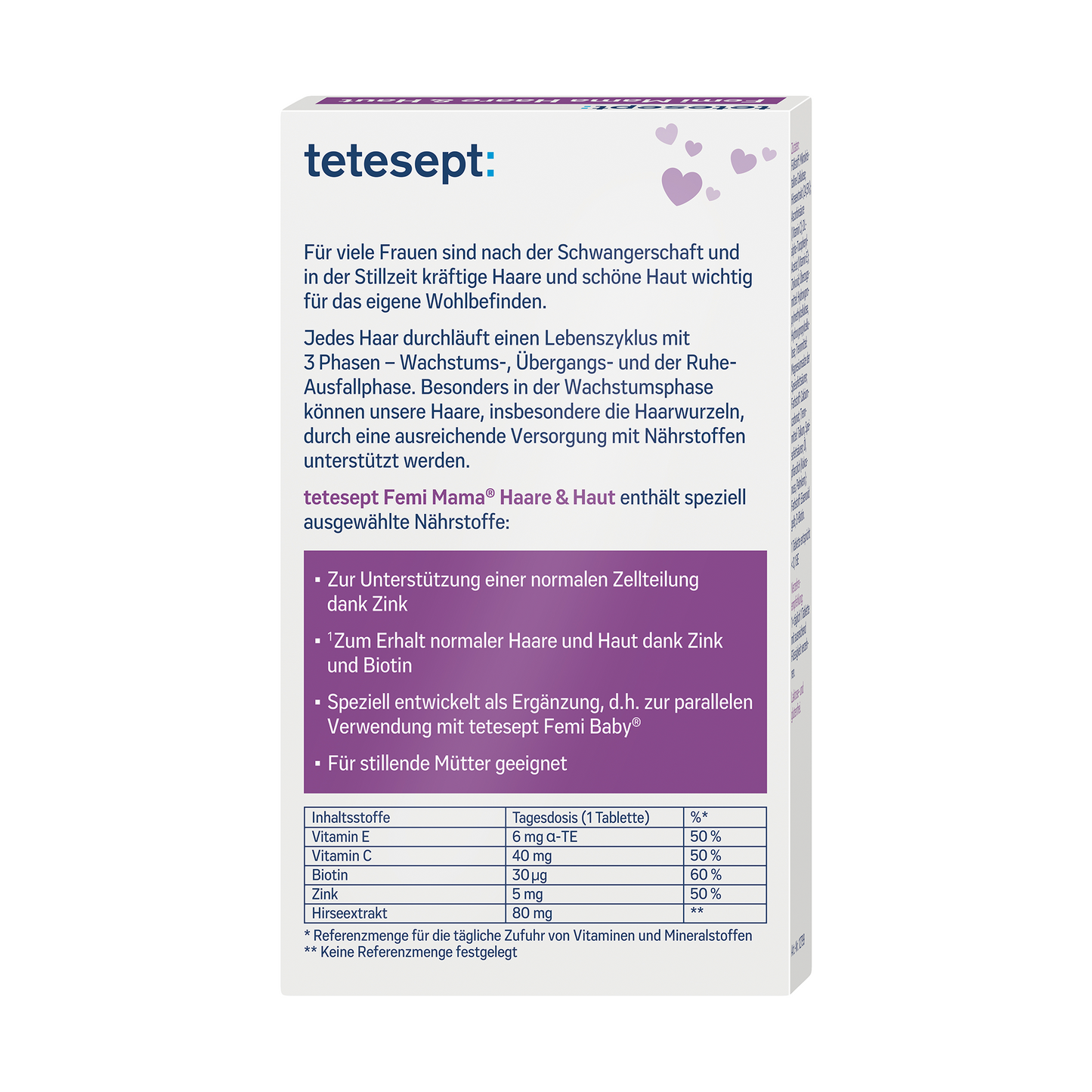 Rückseite mit Nährstofftabelle und Informationen zum Produkt Femi Mama® Haare & Haut von tetesept. Zum Erhalt normaler Haare und Haut. Für stillende Mütter geeignet. Leicht schluckbare Mini-Tablette. Ideal nach der Schwangerschaft für den Erhalt kräftiger Haare und schöner Haut. Speziell ausgewählte Nährstoffe.