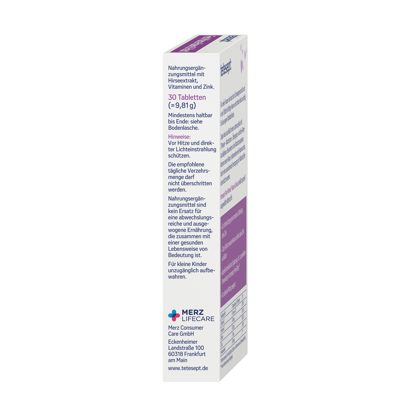 Seitenansicht mit Hinweisen zum Produkt Femi Mama® Haare & Haut von tetesept. Zum Erhalt normaler Haare und Haut. Für stillende Mütter geeignet. Leicht schluckbare Mini-Tablette. Ideal nach der Schwangerschaft für den Erhalt kräftiger Haare und schöner Haut. Speziell ausgewählte Nährstoffe.