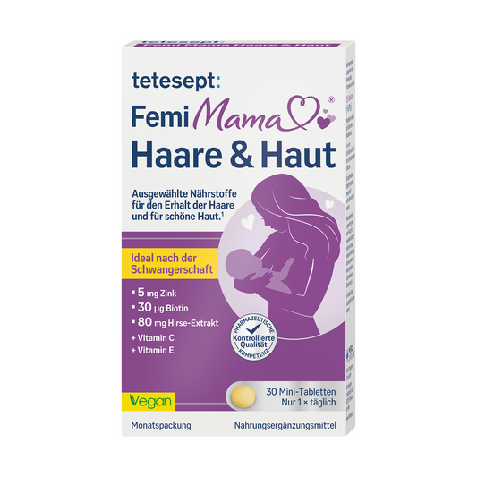 Vorderseite des Produktes Femi Mama® Haare & Haut von tetesept. Zum Erhalt normaler Haare und Haut. Für stillende Mütter geeignet. Leicht schluckbare Mini-Tablette. Ideal nach der Schwangerschaft für den Erhalt kräftiger Haare und schöner Haut. Speziell ausgewählte Nährstoffe.