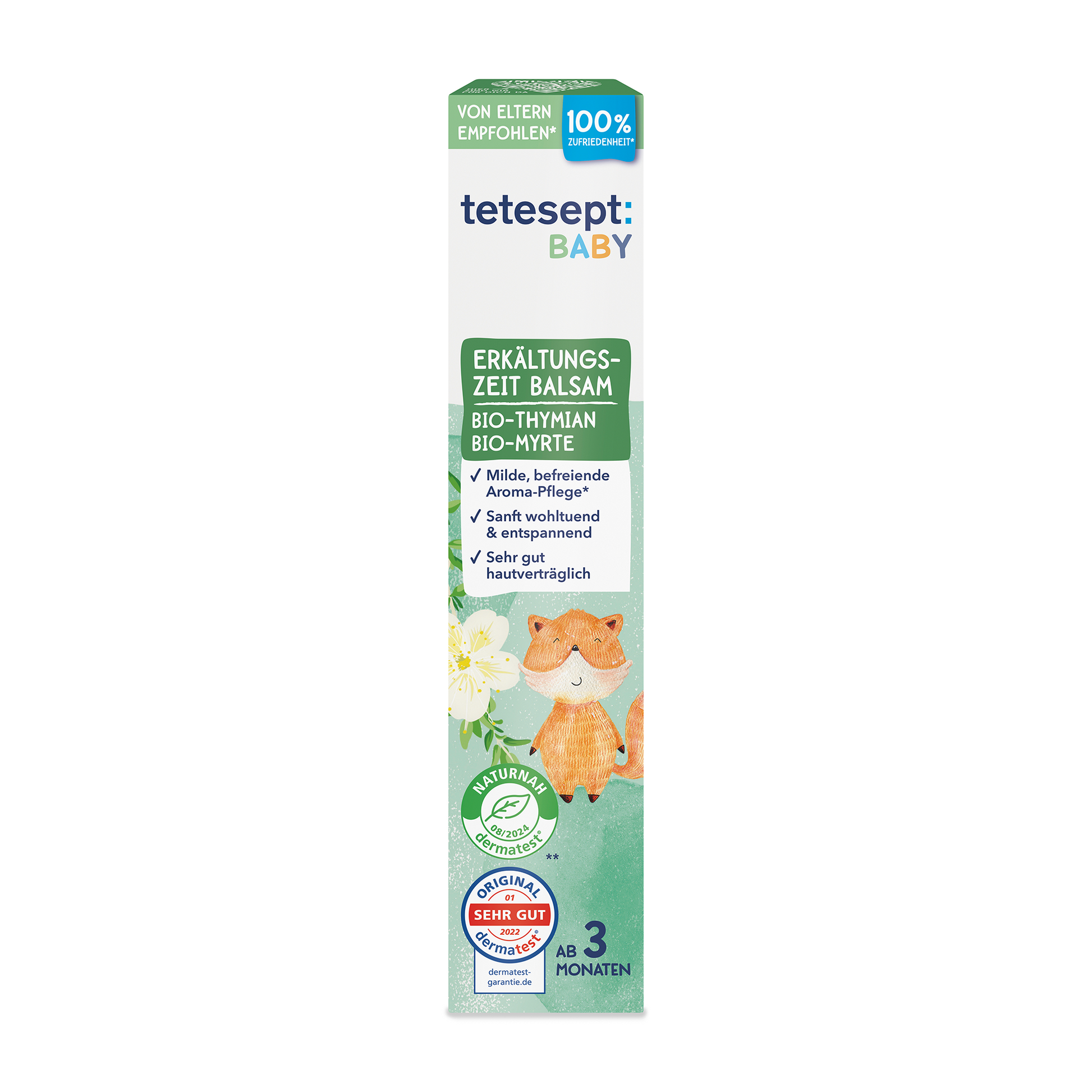 Man sieht die Vorderseite der Verpackung des Produktes tetesept Baby Erkältungszeit Balsam von tetesept. 