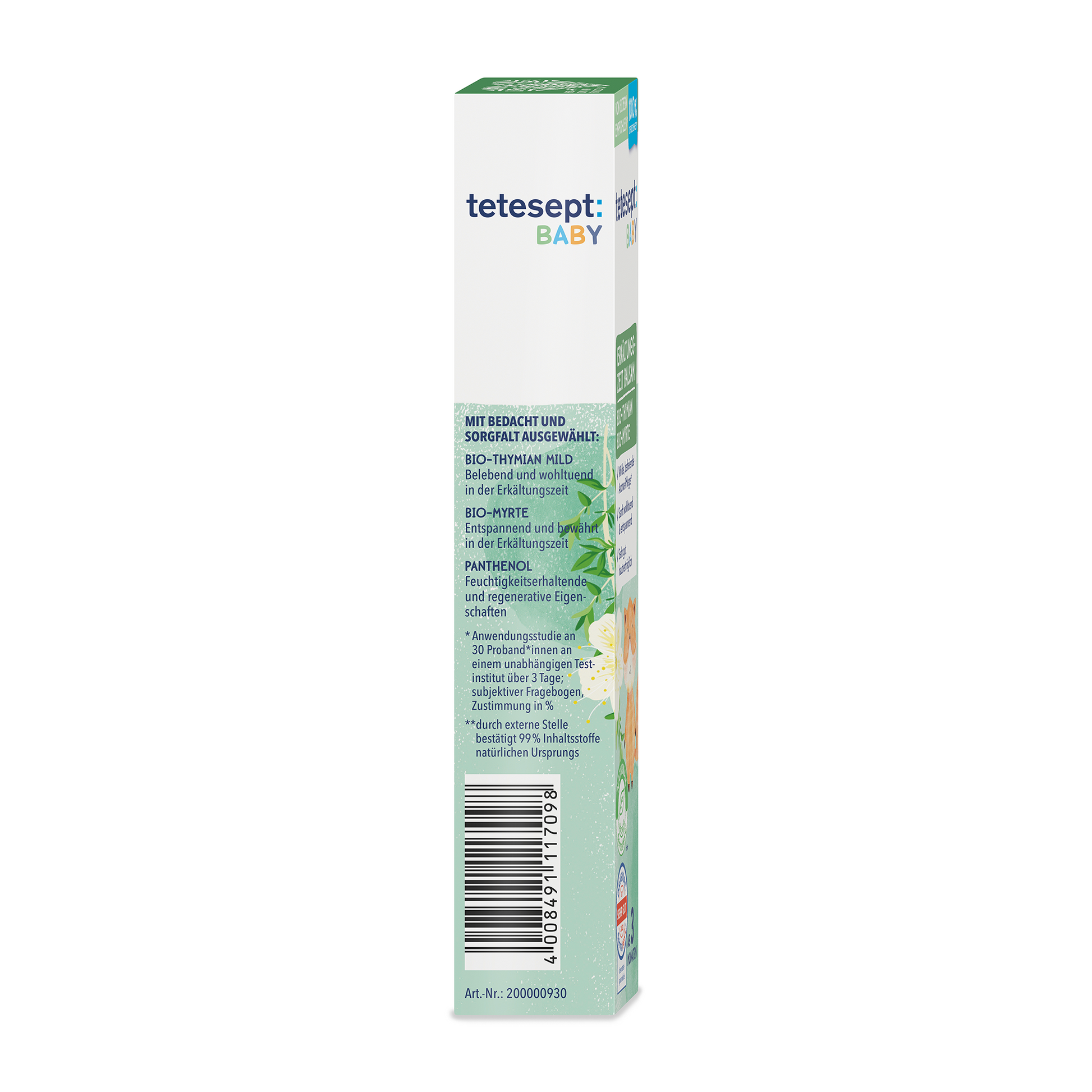Man sieht die rechte Seite der Verpackung des Produktes tetesept Baby Erkältungszeit Balsam von tetesept. 