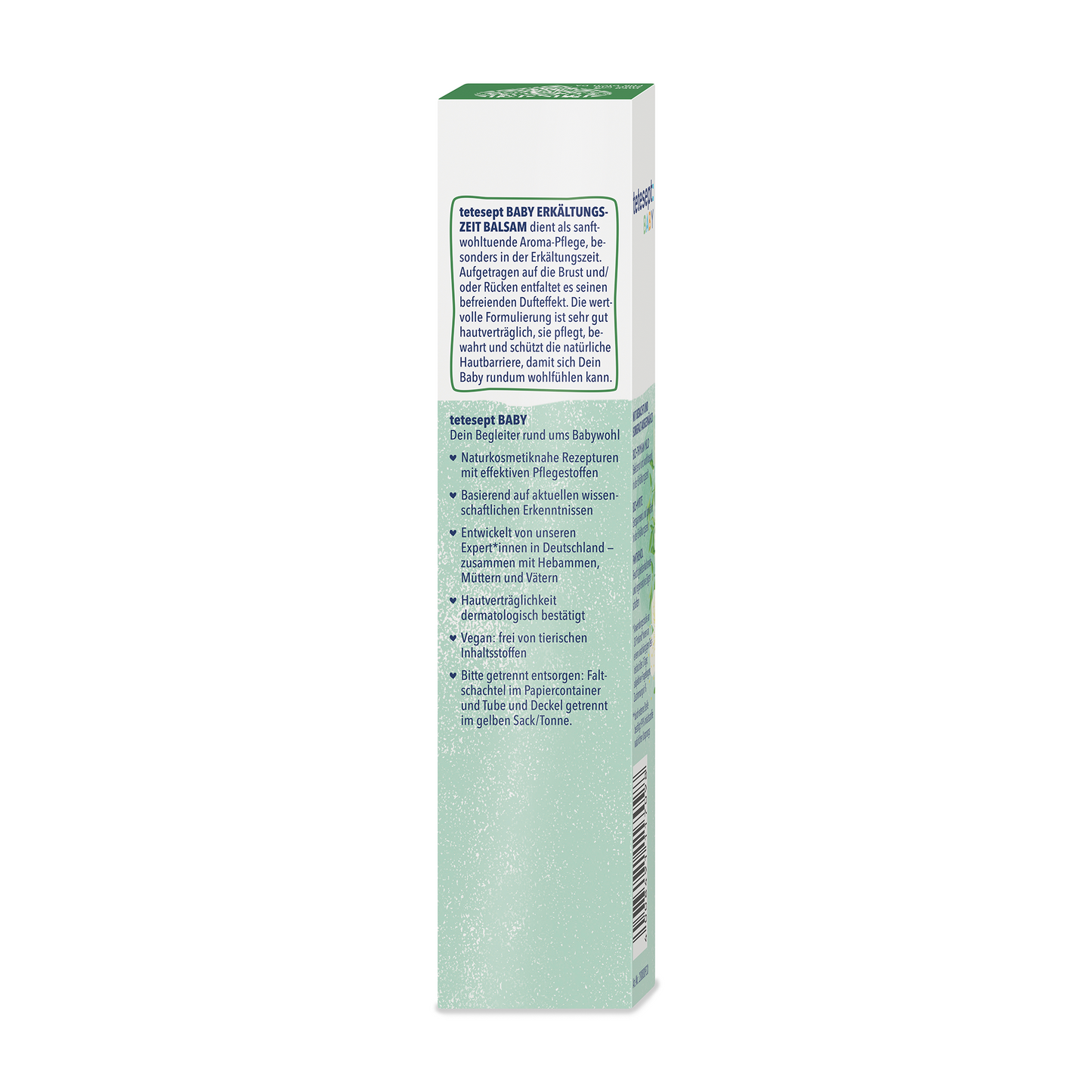 Man sieht die Rückseite der Verpackung des Produktes tetesept Baby Erkältungszeit Balsam von tetesept. 