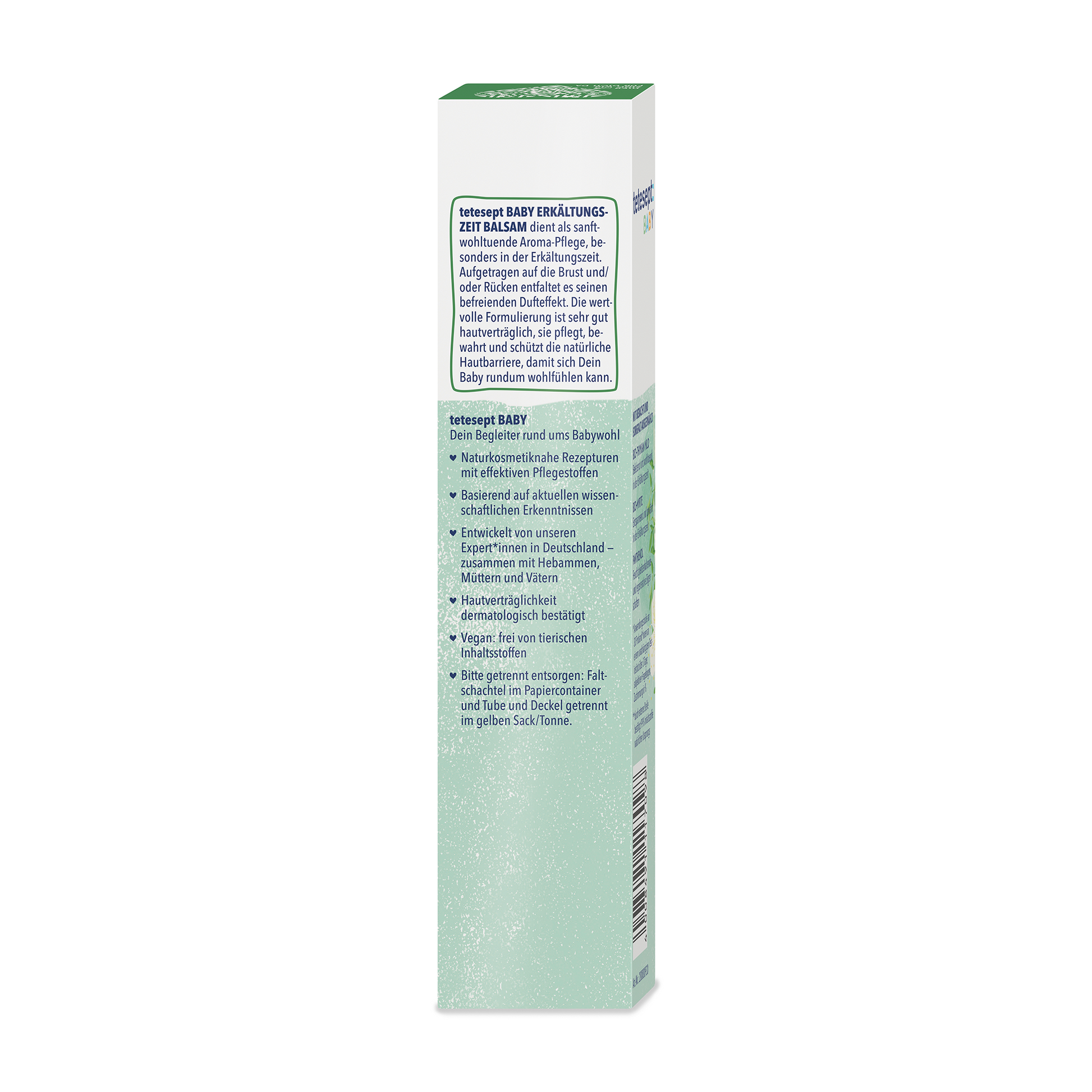 Man sieht die Rückseite der Verpackung des Produktes tetesept Baby Erkältungszeit Balsam von tetesept. 