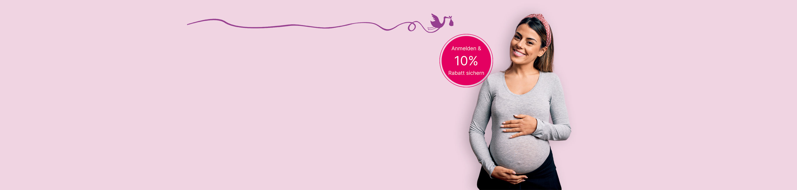 Schwangere Frau lächelt, pinker Hintergrund, 10% Rabatt Banner