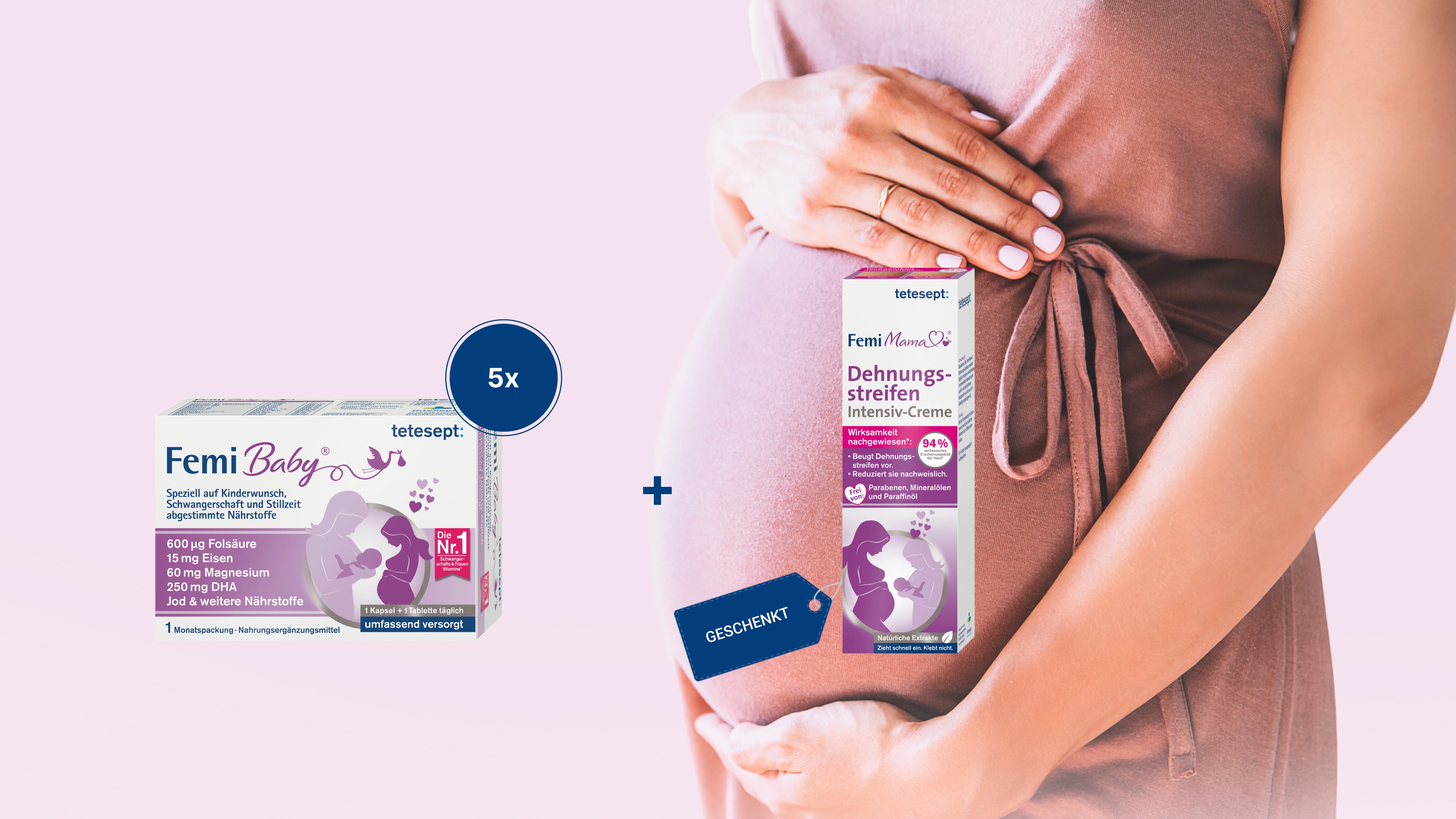 Femi Baby Banner schwangere Frau hält ihren Bauch vor einem pinken Hintergrund.