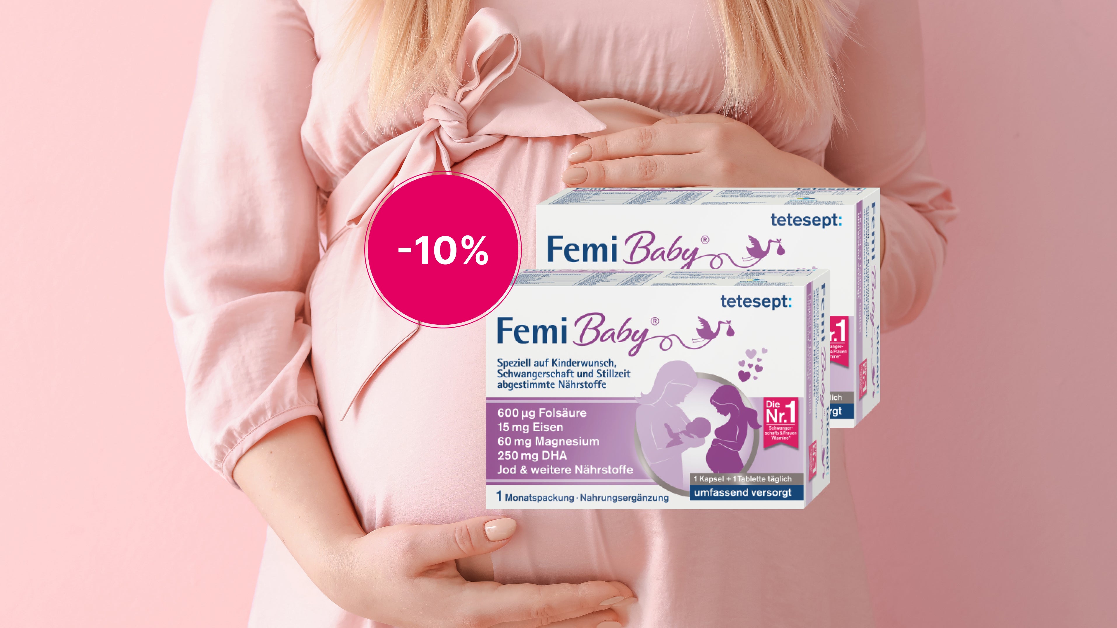 Femi Baby Banner schwangere Frau hält ihren Bauch im Vordergrund die Produkte von Femi Baby.