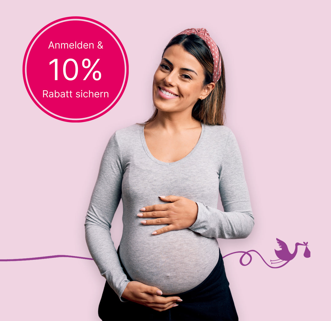 Schwangere Frau lächelt, pinker Hintergrund, 10% Rabatt Banner