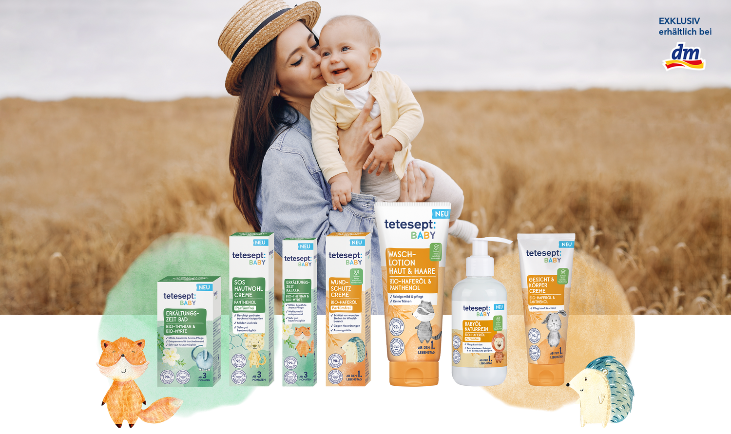 Tetesept-Baby Produktreihe, im Hintergrund Mutter mit Kind
