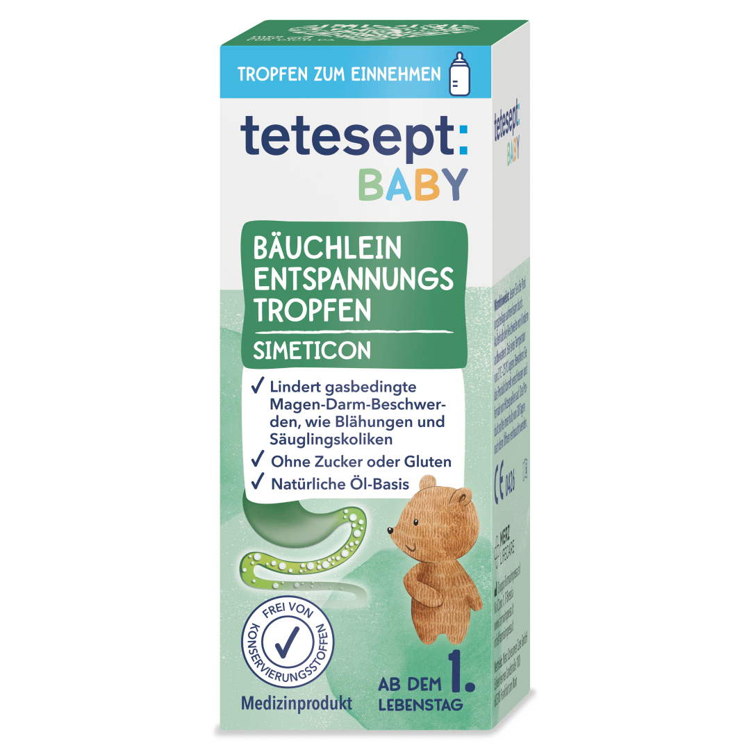 Die Vorderseite der Produktverpackung von tetesept Baby Bäuchlein Entspannungstropfen