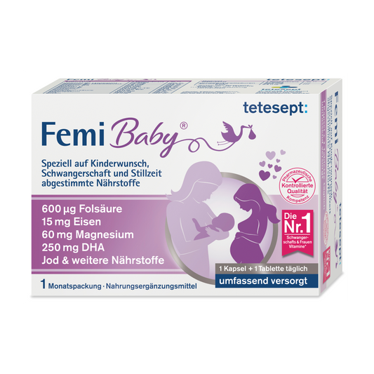 Man sieht die Vorderseite des Produktes Femi Baby® von tetesept. Speziell auf Kinderwunsch, Schwangerschaft und Stillzeit abgestimmte Nährstoffe in der Monatspackung. Die Nr.1 von Schwangerschafts- und Frauenvitaminen.