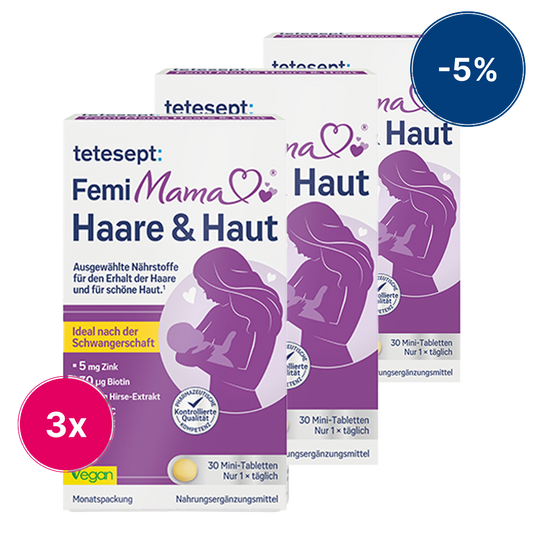 Man sieht die Vorderseite des Produktes Femi Mama® Haa­re & Haut von tetesept in einem 3er Pack. Zum Erhalt normaler Haare und Haut. Für stillende Mütter geeignet. Leicht schluckbare Mini-Tablette. Ideal nach der Schwangerschaft für den Erhalt kräftiger Haare und schöner Haut. Speziell ausgewählte Nährstoffe.