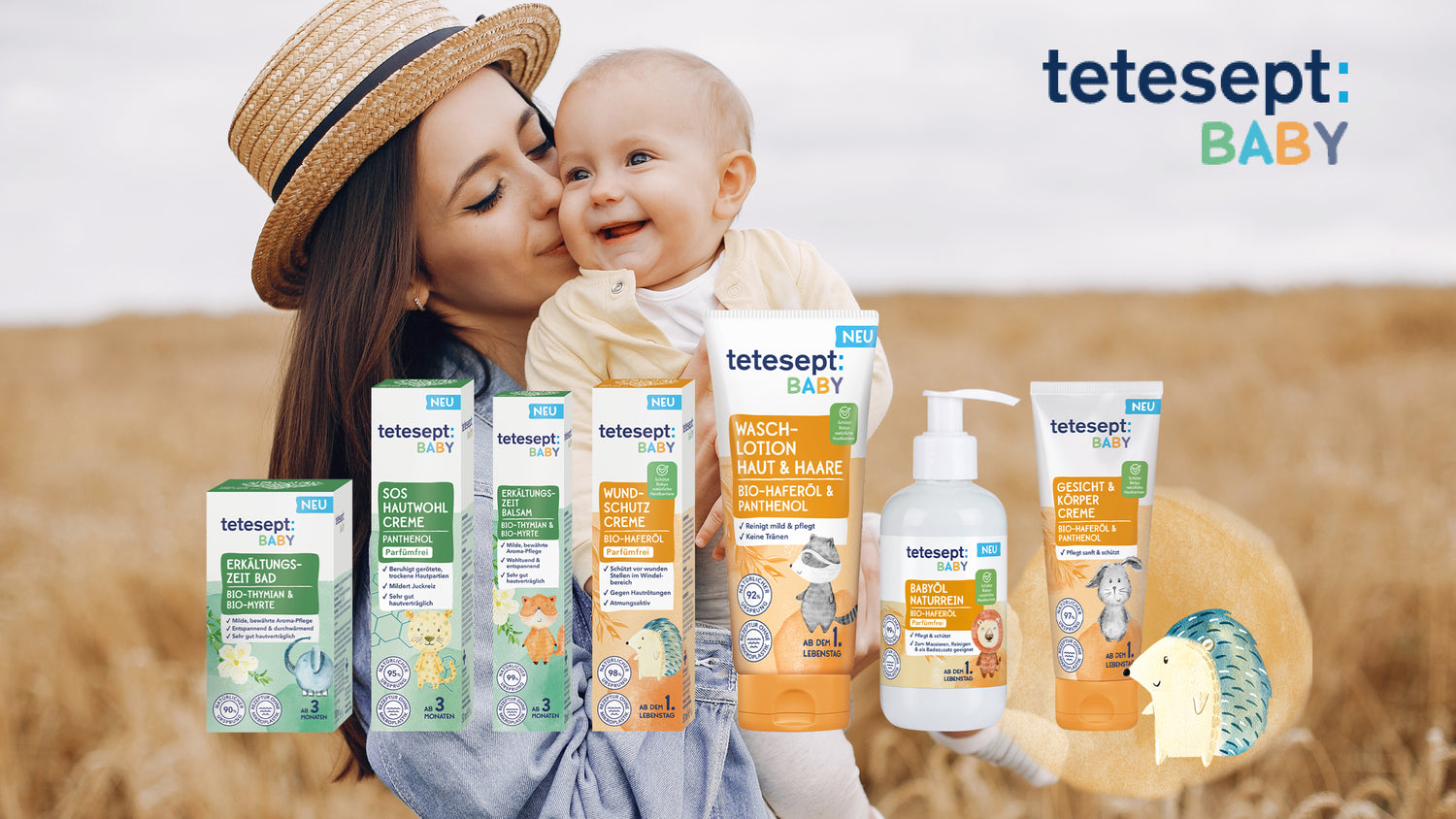tetesept Baby Banner Frau mit Kind auf dem Arm im Vordergrund die Produktreihe.