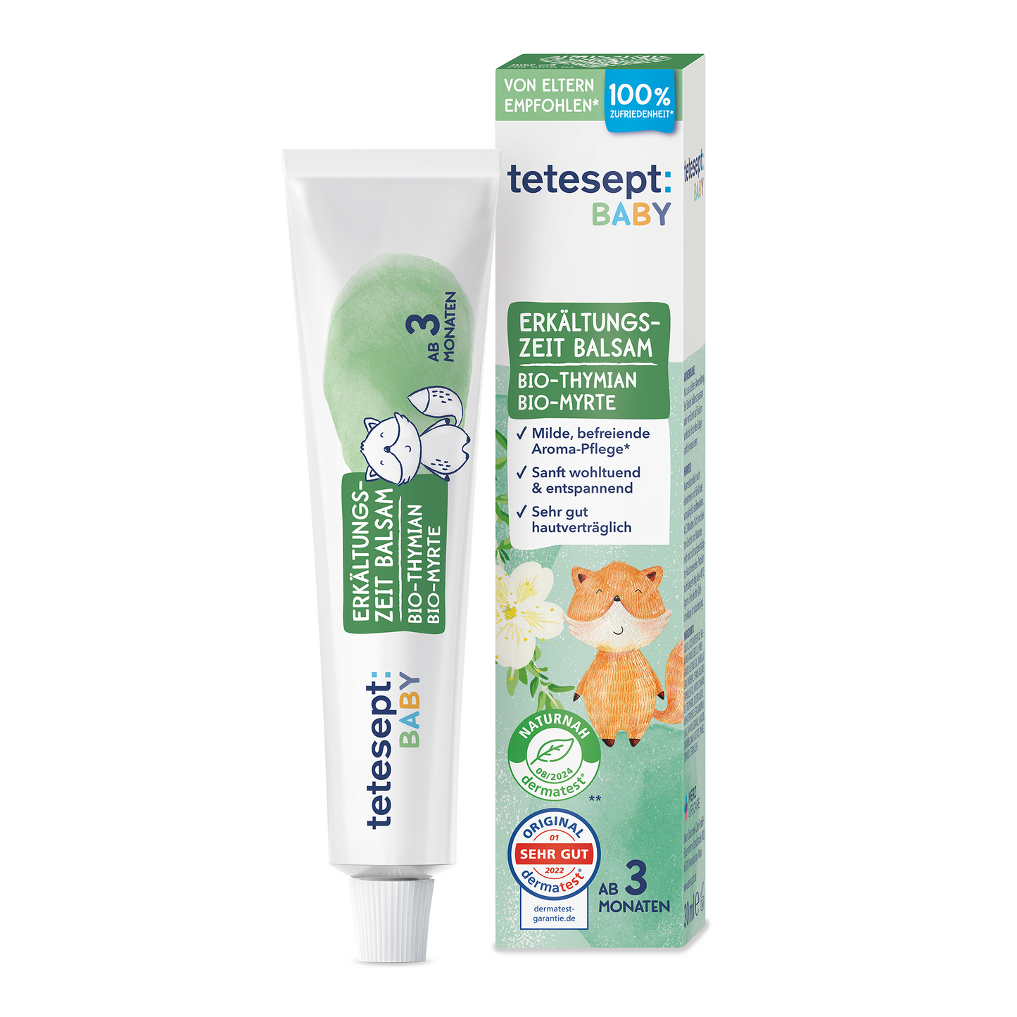 Man sieht die Verpackung und Tube des Produktes tetesept Baby Erkältungszeit Balsam von tetesept. Aroma-Pflegebalsam mit Bio-Thymian & Bio-Myrte. Milde, bewährte Aroma-Pflege. Wohltuend, entspannend und sehr gut hautverträglich. Bewahrt und schützt die natürliche Hautbarriere.