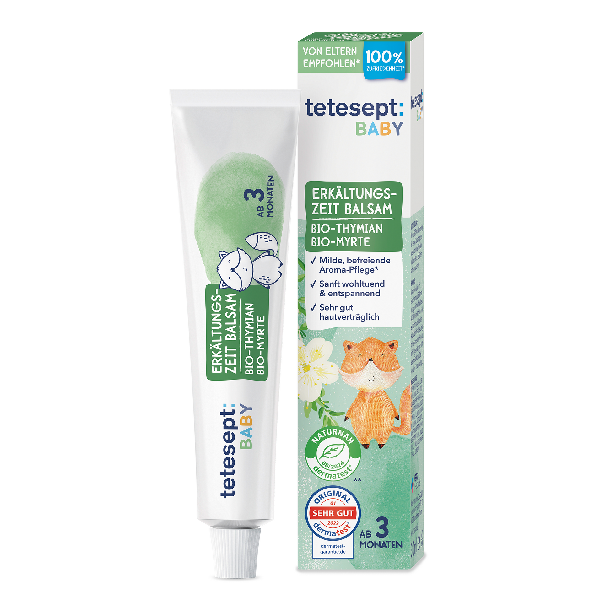 Man sieht die Verpackung und Tube des Produktes tetesept Baby Erkältungszeit Balsam von tetesept. Aroma-Pflegebalsam mit Bio-Thymian & Bio-Myrte. Milde, bewährte Aroma-Pflege. Wohltuend, entspannend und sehr gut hautverträglich. Bewahrt und schützt die natürliche Hautbarriere.