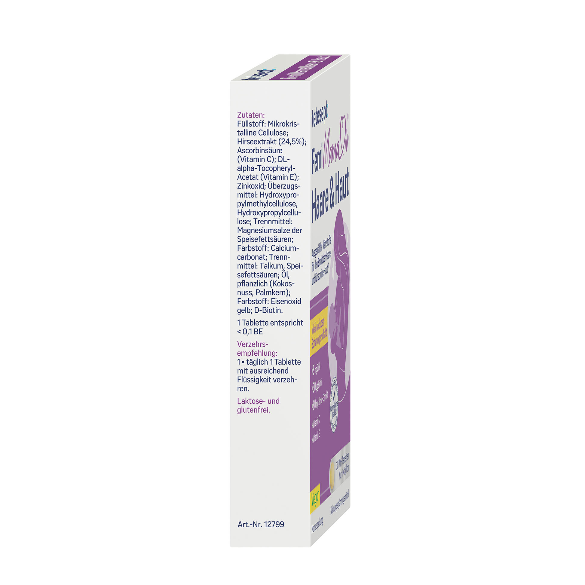 Seitenansicht mit den Zutaten des Produkts Femi Mama® Haa­re & Haut von tetesept. Zum Erhalt normaler Haare und Haut. Für stillende Mütter geeignet. Leicht schluckbare Mini-Tablette. Ideal nach der Schwangerschaft für den Erhalt kräftiger Haare und schöner Haut. Speziell ausgewählte Nährstoffe.